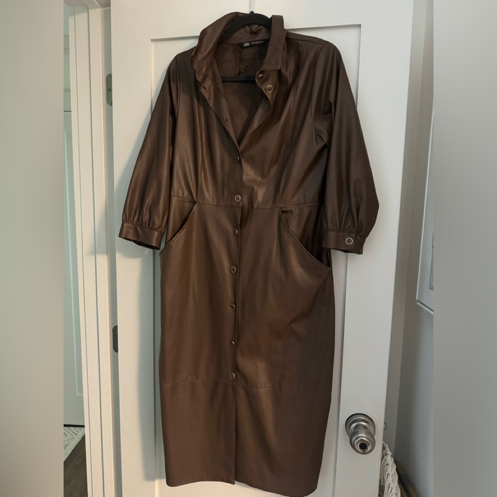 ZARA WOMAN'S FAUX LEATHER BROWN SHIRT DRESS WITHOUT BELT SIZE XL: